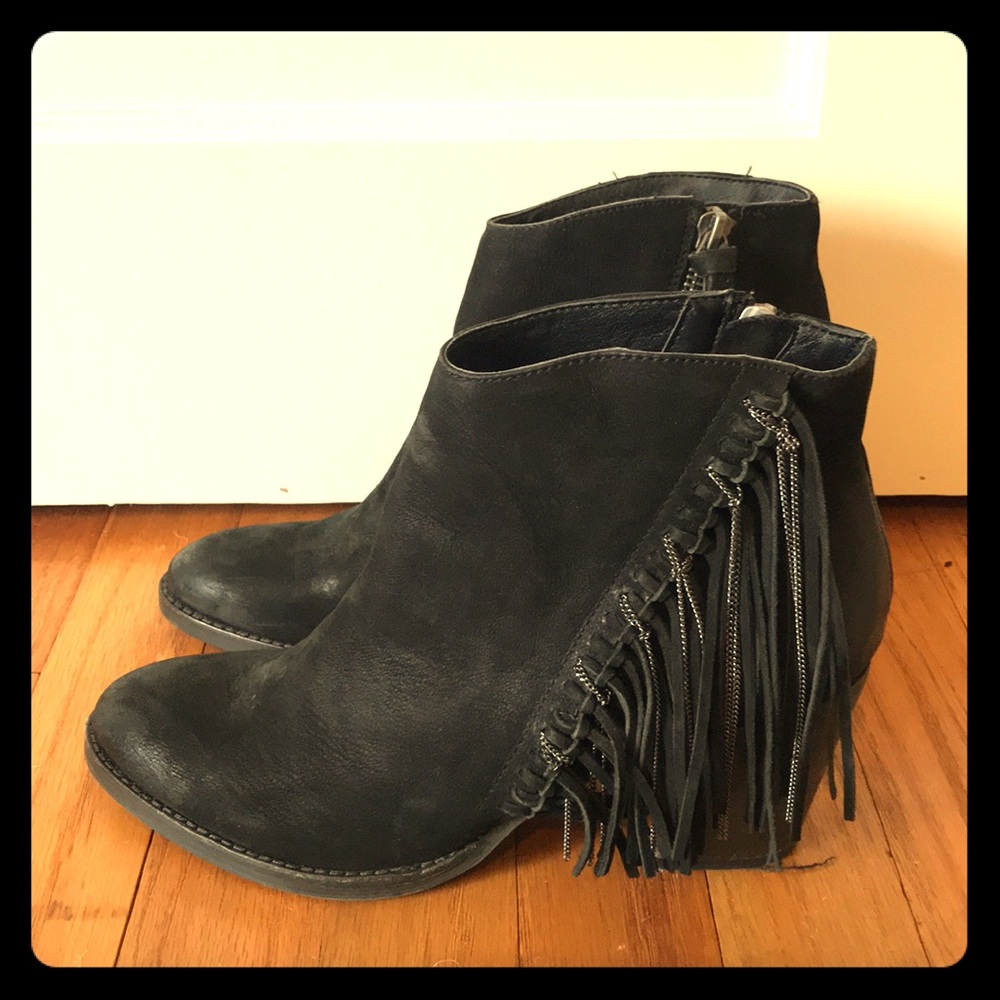 Black bootie with fringe accent